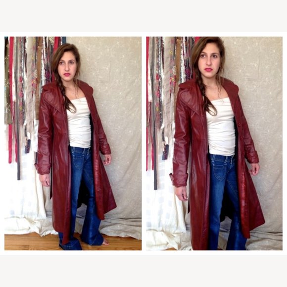 Vintage 70’s Long Leather Trench Coat Penny Lane Oxblood Belted Maxi Boho Jacket - Picture 7 of 17